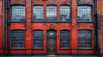 Historic brick building with vibrant red facade and large windows in an urban setting during the early morning hours. Generative AI