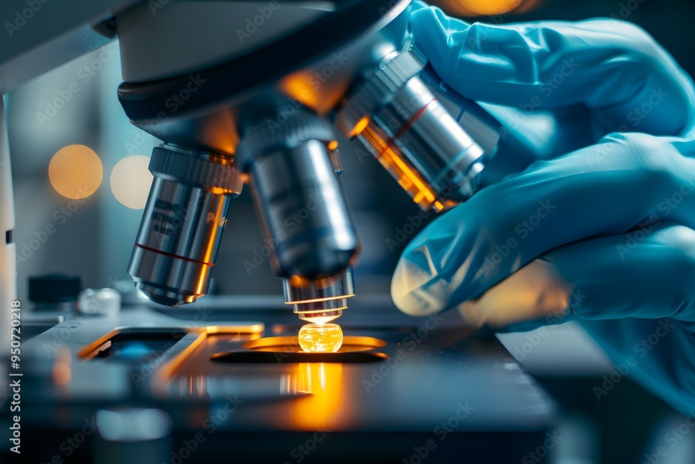 Poster close-up of a scientist using a microscope to examine a sample