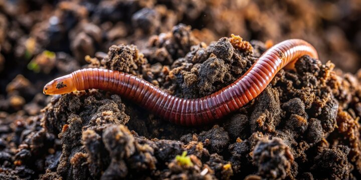 Vibrant, segmented earthworm burrows slowly through dark, moist soil, its setae-covered body glistening with dew, surrounded by decaying organic matter and tiny root systems.