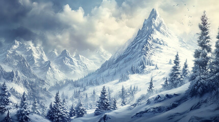 Obraz premium Snowy landscape with a mountain.