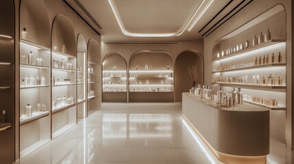 Luxury perfume store interior with illuminated shelves and a modern, elegant design