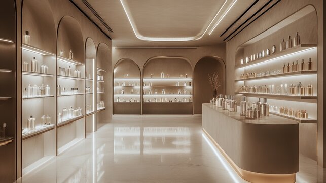 Luxury perfume store interior with illuminated shelves and a modern, elegant design