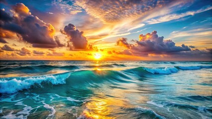 Obraz premium Vibrant sunset illumination on serene ocean waves, with gentle ripples and vast expanse of turquoise water meeting the horizon, creating a breathtakingly beautiful natural scenery.