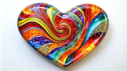 Vibrant, swirling colors merge in a stunning heart-shaped fused glass artwork, showcasing intricate textures and glossy finishes, radiating love, warmth, and artistic elegance.