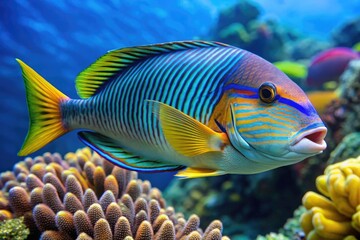 Vibrant tuskfish swims in crystal-clear waters, showcasing its striking blue and yellow stripes, long snout, and impressive dental structure, amidst a coral reef backdrop.