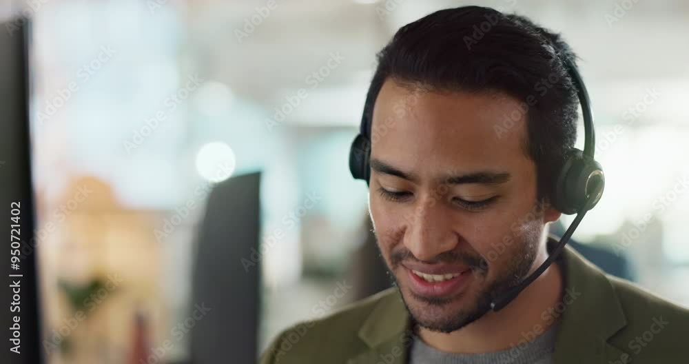 Poster call center, conversation and support with man agent in customer service office for assistance or he