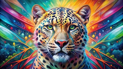 Vibrant watercolor painting of a majestic leopard's head set against a bold, abstract geometric pattern featuring swirling shapes and vibrant colors.