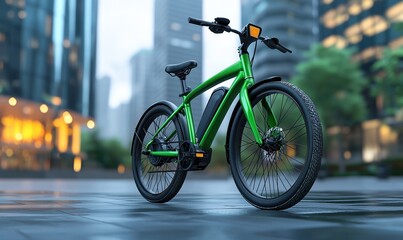 Electric bicycle parked in an eco-friendly urban setting, green transportation, 3D illustration