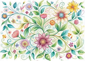 Vibrant, whimsical illustration featuring a delicate floral pattern of blooming flowers, intricate leaves, and swirling vines in pastel hues against a crisp white background.