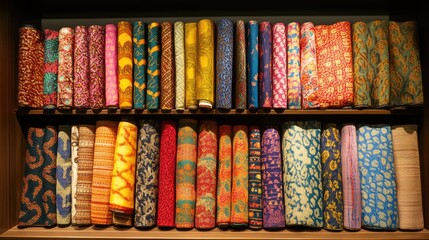 A display of fabrics from different cultures, each with unique patterns and materials.