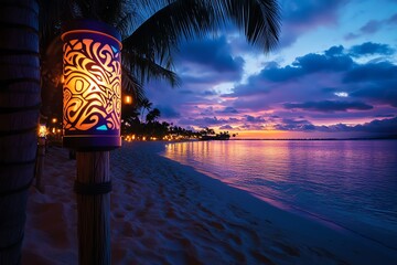 Forever Summer with a beach party at dusk, depicted in an artwork where tiki torches light up the sand, and music fills the air as the sun sets