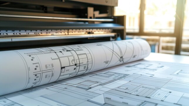 Large Format Printer Creating Detailed Architectural Plans in a Professional Environment