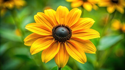 Obraz premium Vibrant yellow flower with black center and delicate petals, commonly found in gardens, symbolizing beauty, warmth, and happiness, against a blurred green background.