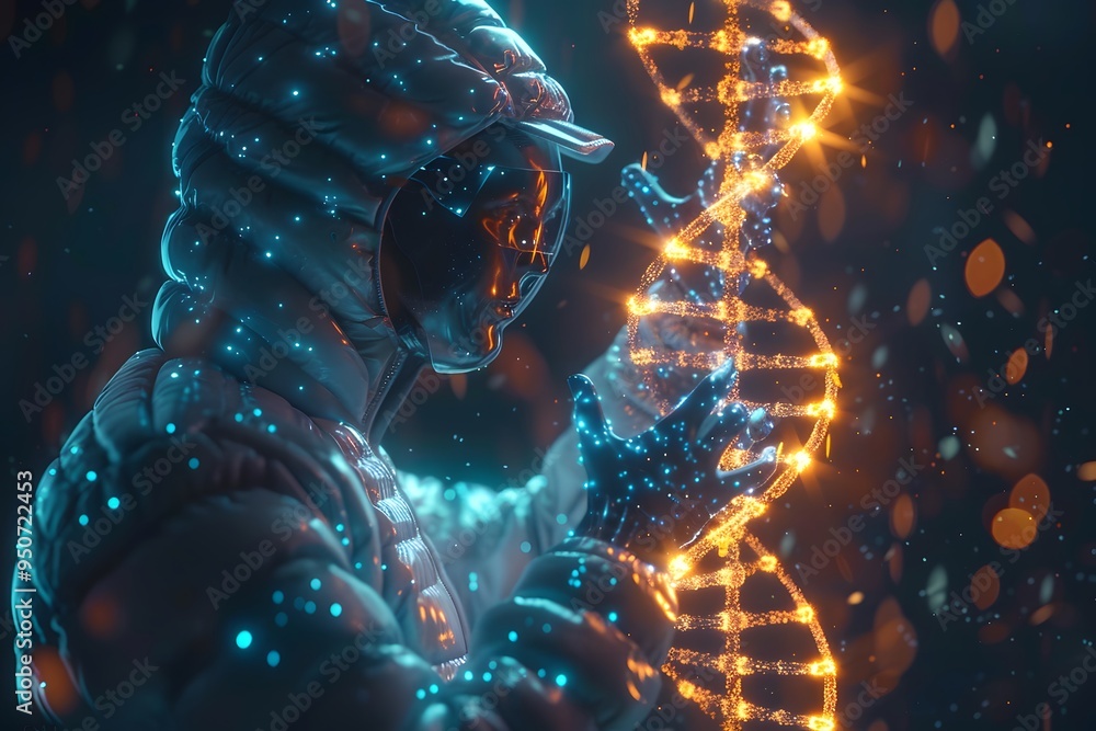 Aufkleber futuristic scientist interacting with a glowing dna helix in a high-tech environment