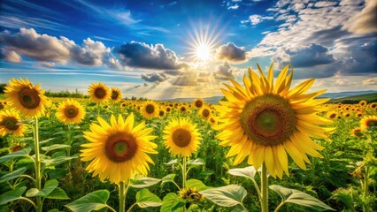 Fototapeta premium Vibrant yellow sunflowers stand tall in a lush green meadow, basking in warm sunlight, with a few wispy clouds scattered across a brilliant blue summer sky.