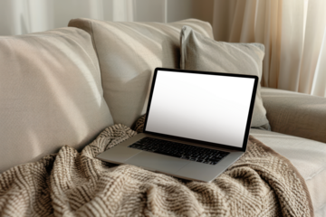 Cozy laptop  on sofa png mockup, transparent design