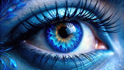 Vivid blue iris with intricate details and lashes, sharply focused against a soft, blurred background, capturing the intensity and complexity of human expression.