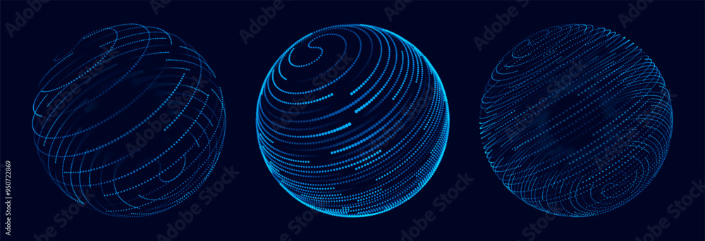 Fototapete Abstract 3D Spheres of Neon Dots and Stripes. Hi-Tech Orb HUD Design Element. Global Network Connection. Abstract Globe Grid. Science and Technology Vector Illustration.