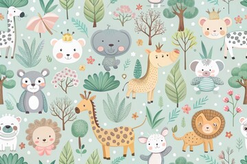 Whimsical cartoon style animal pattern wallpaper with soft pastel colors