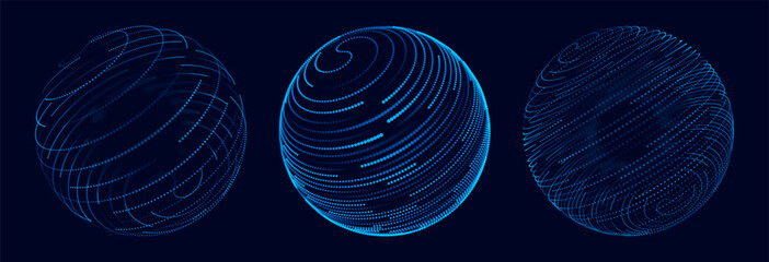 Abstract 3D Spheres of Neon Dots and Stripes. Hi-Tech Orb HUD Design Element. Global Network Connection. Abstract Globe Grid. Science and Technology Vector Illustration.