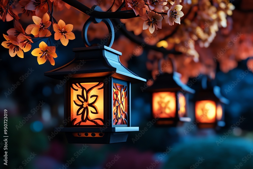Poster autumn evening with glowing lanterns, illustrated in a scene where lanterns hang from tree branches,