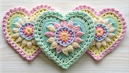 Obraz premium Whimsical heart-shaped crochet design featuring intricate stitches, delicate patterns, and soft pastel hues, perfect for Valentine's Day or romance-themed projects.