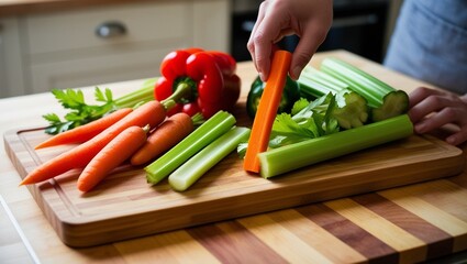 A vibrant image of freshly cut vegetables like carrots, celery, and bell peppers on a wooden cutting board. A hand reaches into the frame, holding a carrot stick ready to be eaten. The background i