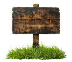 Weathered wooden signboard in grass, cut out