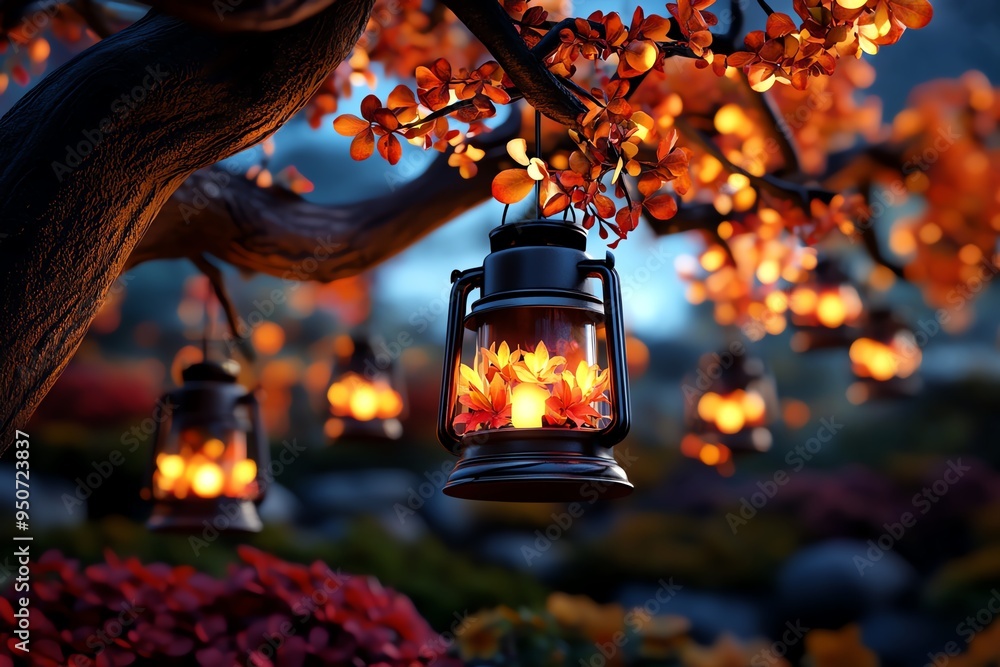Poster autumn evening with glowing lanterns, illustrated in a scene where lanterns hang from tree branches,