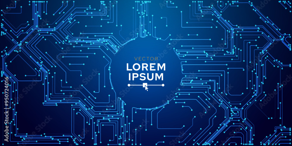 Poster Blue Digital Circuit Trace Lines Technology Circle Center Banner Background. Abstract Digital Tech Bg. Electronics and Computer Technology Concept. Chip And Circuit Board. Vector Illustration.
