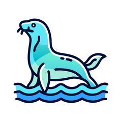 Playful sea lion cartoon icon in turquoise and navy