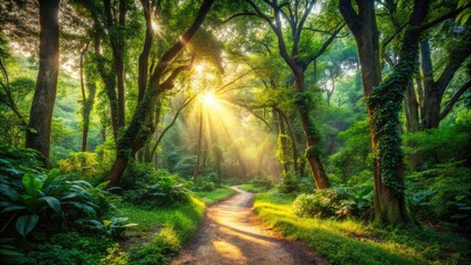 Obraz premium Winding dirt path surrounded by lush green vegetation and towering trees leads through serene nature reserve, sunlight filtering through canopy above.