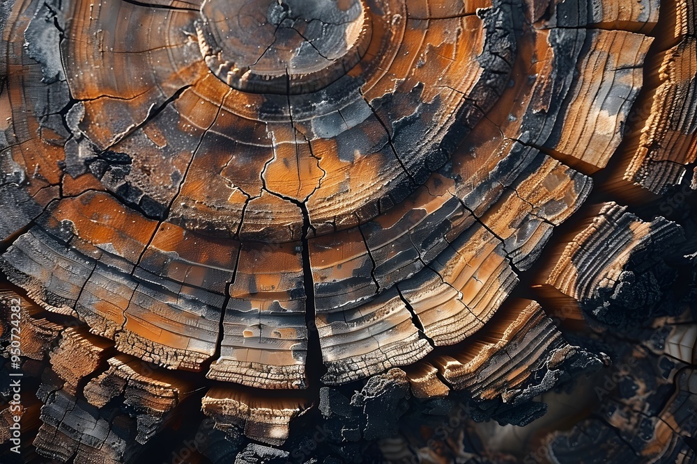 Poster close-up of a charred tree ring with intricate patterns and textures