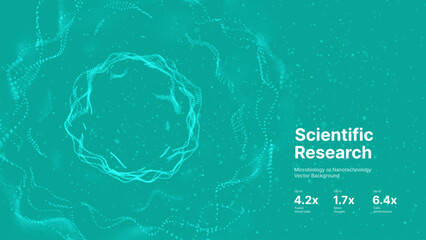 Scientific Medical Research Background. Abstract Science Blue Cells Backdrop with Depth of Field Blur Particles Effect. Futuristic Plant Microbiology. Blue Virus Cells Vector Illustration.