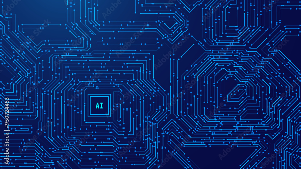 Fototapete Abstract AI Digital Circuit Board Tech Background. Technology Connected Blue Lines Electronics Elements BG. Computer Motherboard Processor Chip. Neural Network Concept. Vector Illustration.