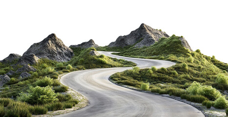 Curvy mountain road with greenery, cut out