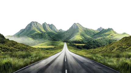 Long straight road heading toward misty mountain peaks, cut out