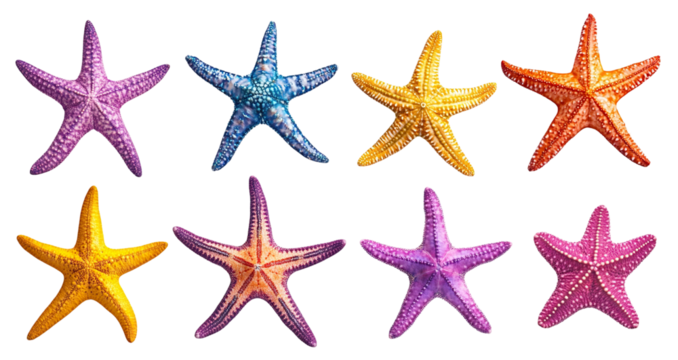 Set of colorful starfish in vivid colors, cut out