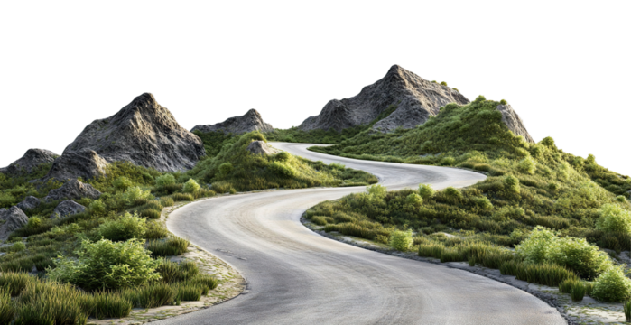 Curvy mountain road with greenery, cut out