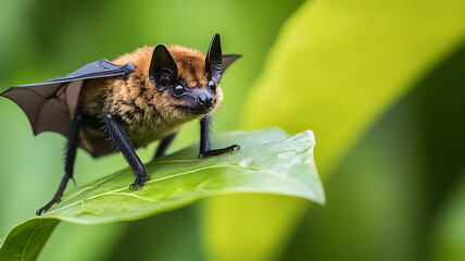 A tiny bumblebee bat perched on a leaf, showcasing its minuscule size with intricate details and delicate wings, captured in soft, natural lighting against a simple, blurred background.