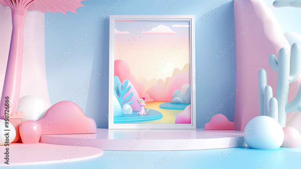 Poster empty podium with picture frame in cartoon style minimal 3d pastel light color scheme background for
