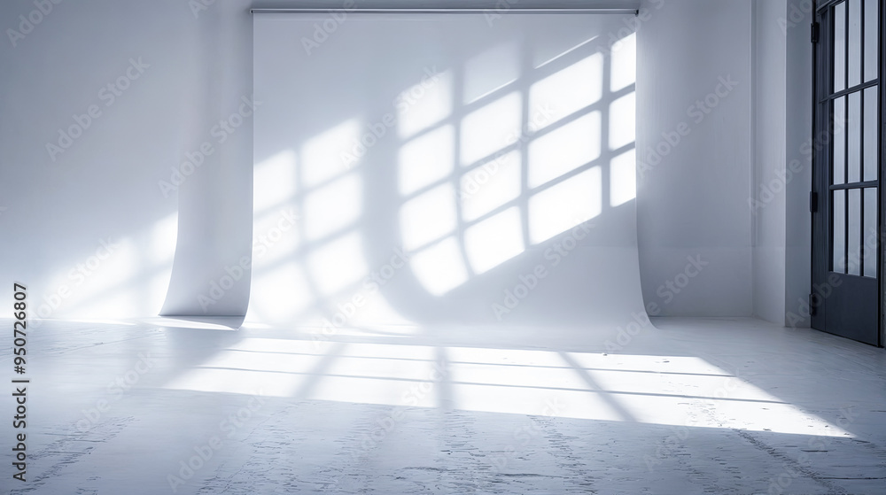 Poster empty white photo studio with window shadow background simple mockup architecture interior design