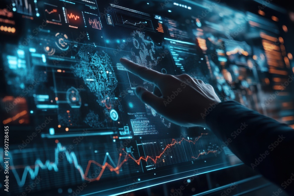 Poster hand reaching towards a futuristic holographic data screen with graphs and global maps depicting adv