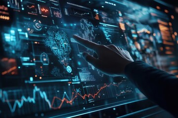 Hand reaching towards a futuristic holographic data screen with graphs and global maps depicting advanced technology and digital analysis