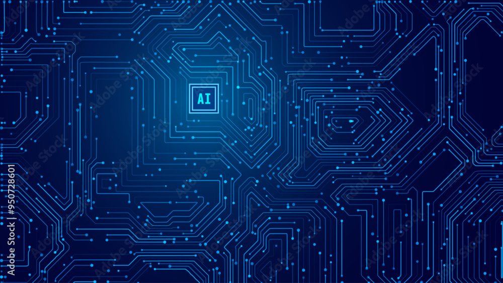 Poster Blue Digital Circuit Trace Lines Technology Background. Abstract Digital Tech Bg. Electronics and Computer Technology Concept. Chip And Circuit Board. Vector Illustration. Chip Connectors.