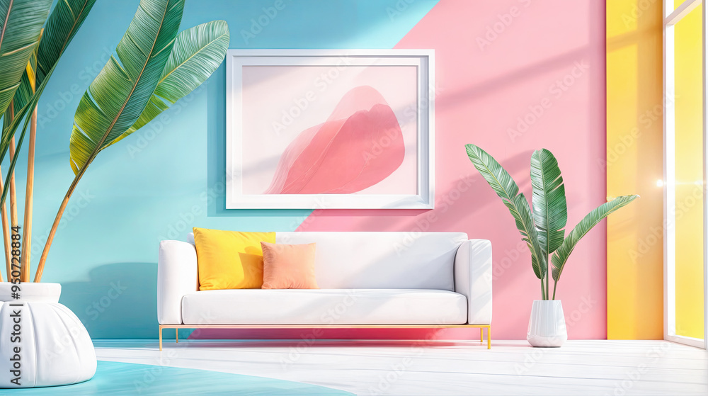 Wall mural modern living room interior with sofa plant art frame white wall yellow blue pink color background h