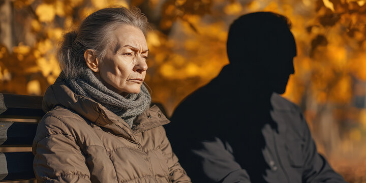 Old woman sits on a park bench next to a shadowy ghost of a man. Concept of loss of loved ones, loneliness and death
