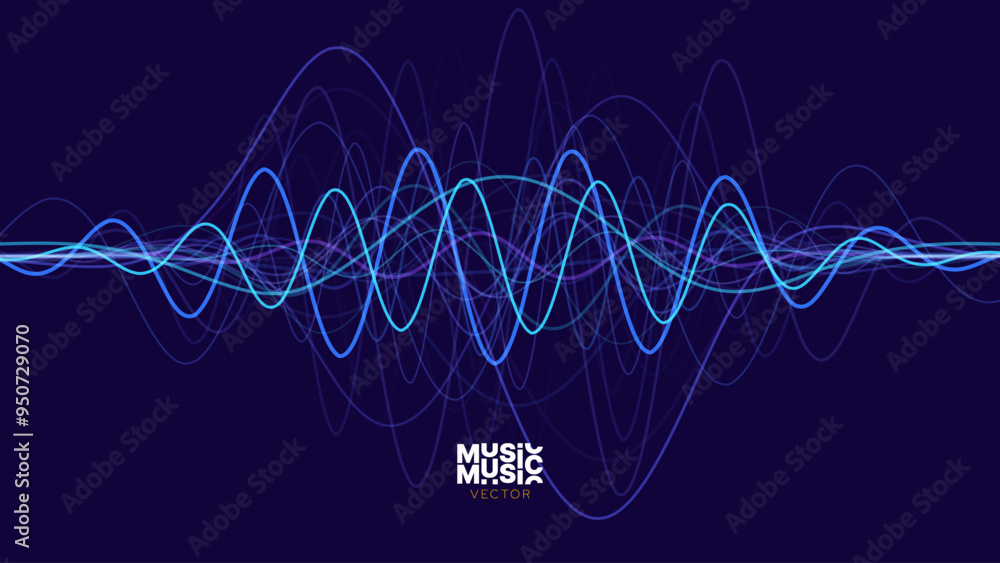 Poster Smooth Flowing Dynamic Sound Wave Blue Technology Background. Abstract Digital EQ Equalizer. Artificial Intelligence AI Assistant Voice Recognition Sound Wave Vector Illustration.