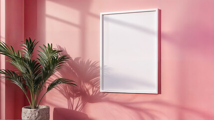 Minimalist interior pink wall white frame green plant home decor mockup