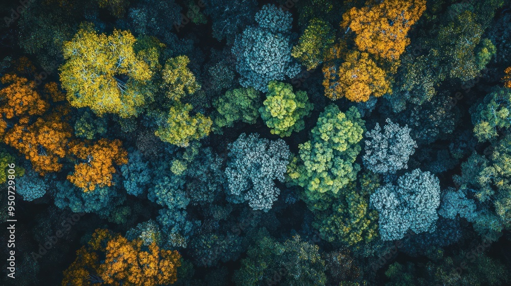 Poster aerial view of a diverse forest canopy with autumnal colors
